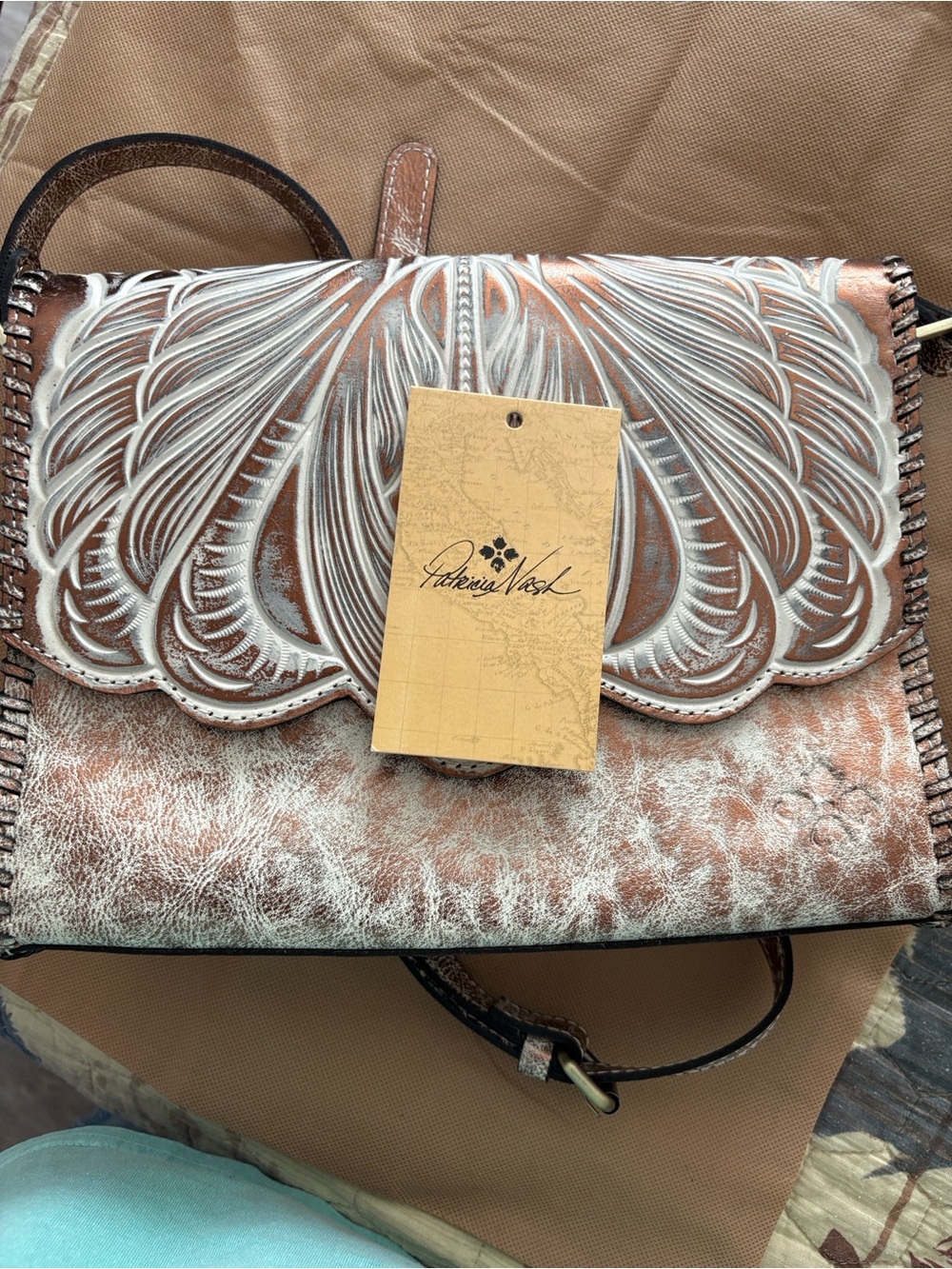 Patricia Nash Brown & White Tooled Leather Crossbody